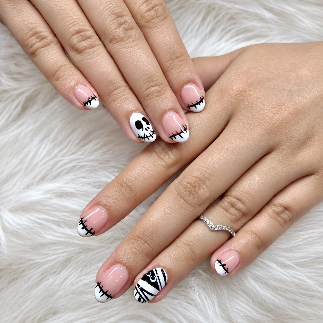 Halloween nails with stitched French tips and a hand-painted skull and mummy, AyuriNails Beauty Lounge Makati